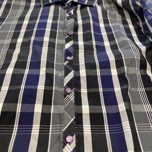 Zagiri Mens L Purple Black Plaid Button Up Flip Cuffs Embroidered Stich Shirt - Picture 7 of 11
